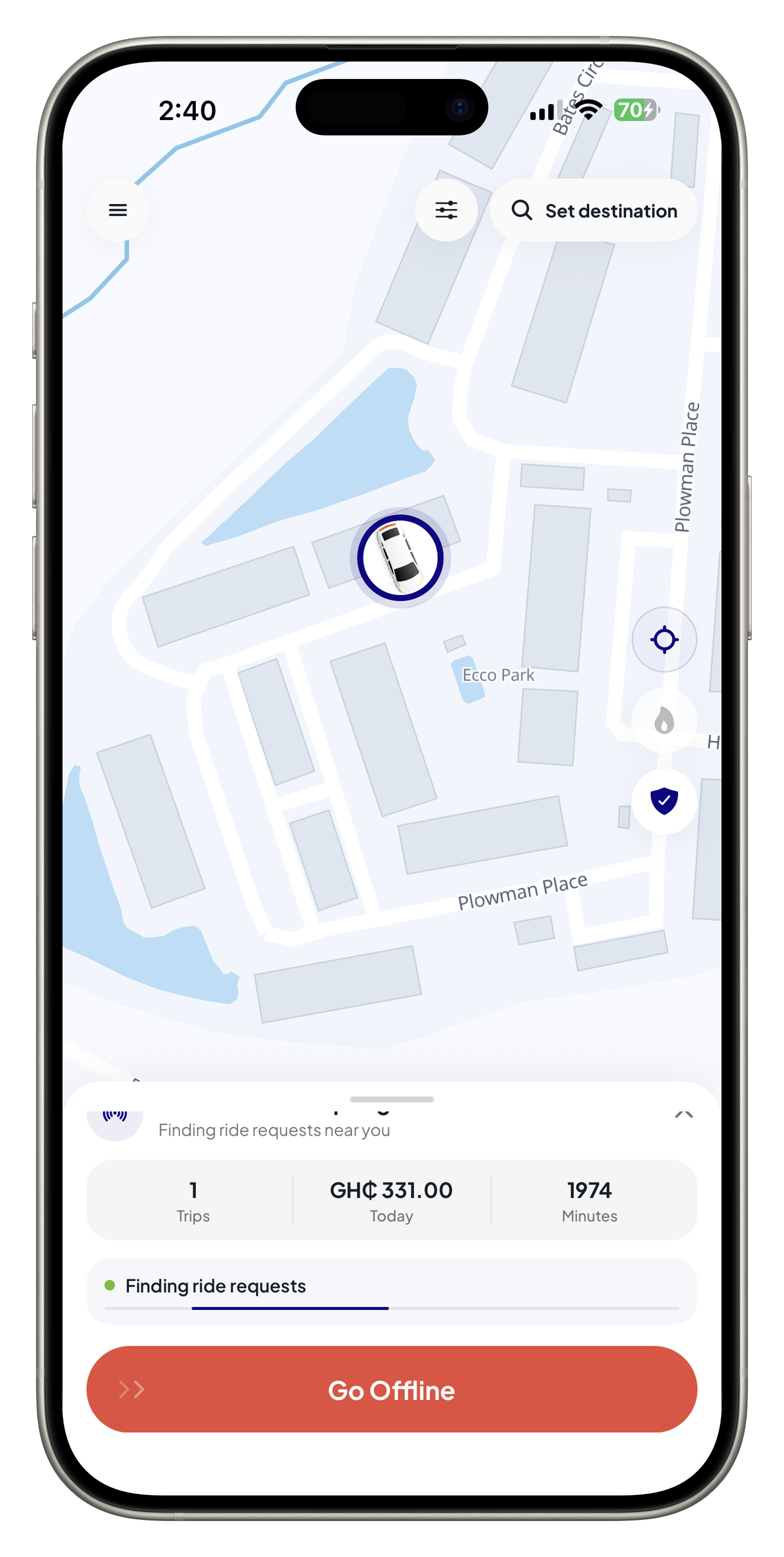 Shaxi driver app showing a map, ride search state, daily earnings, trips, and minutes