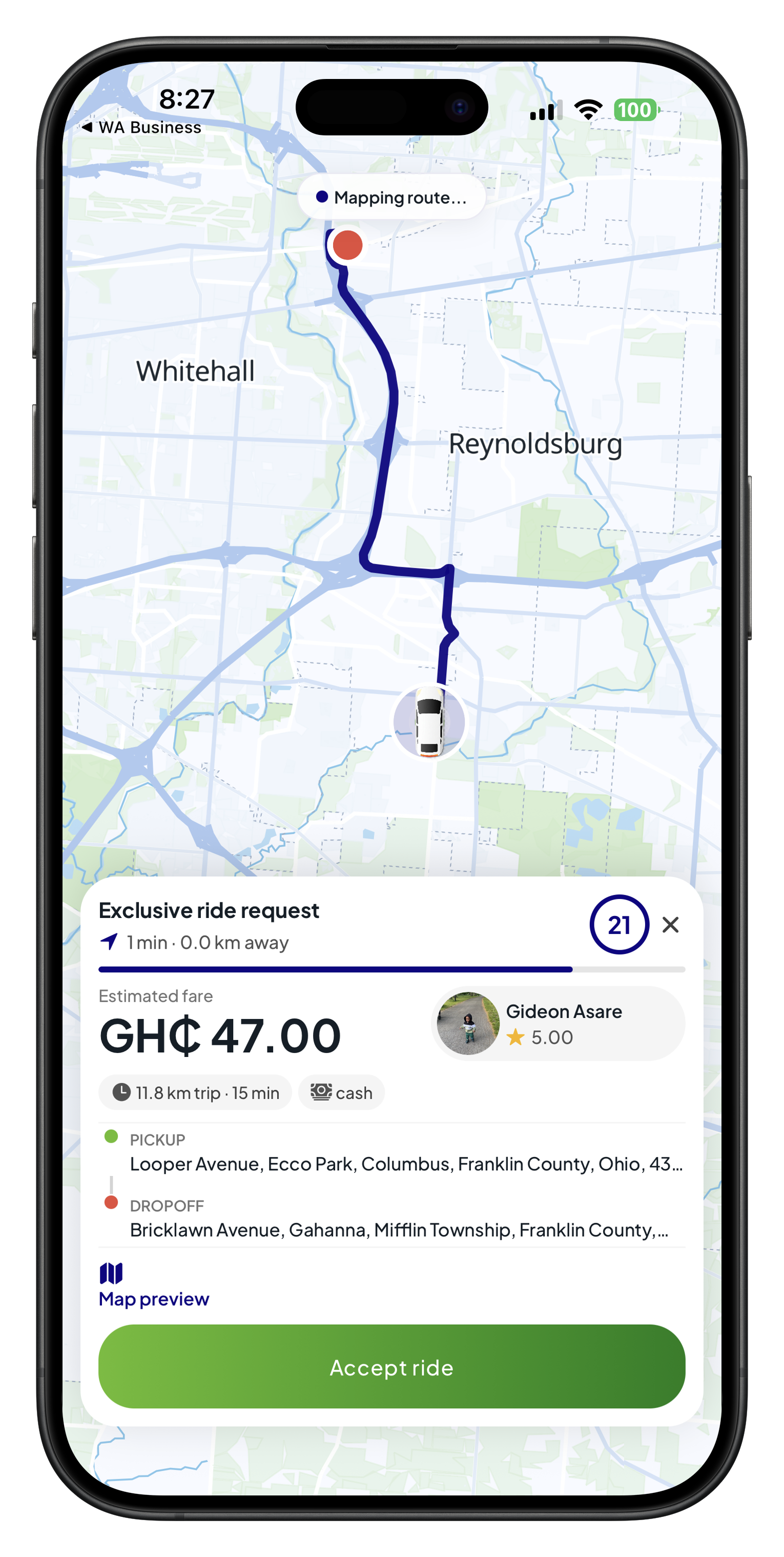 Shaxi driver app showing an exclusive ride request with fare, rider, pickup, dropoff, and accept ride button