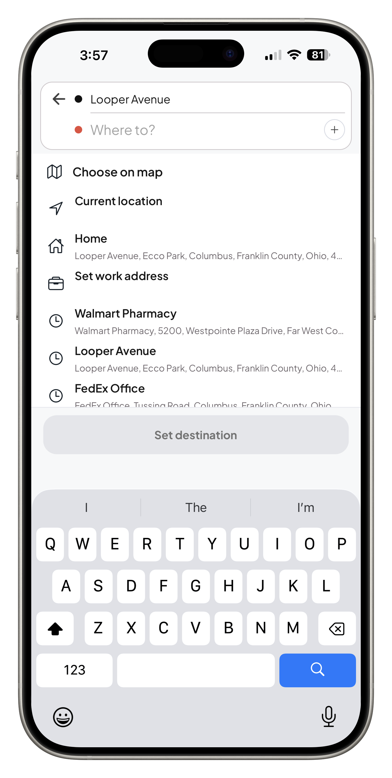 Shaxi rider app destination search with current location, saved places, and recent places