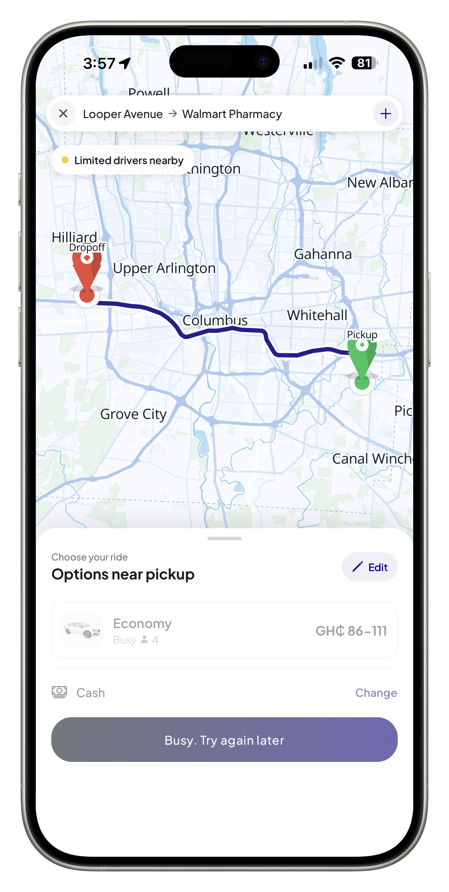 Shaxi rider app showing route preview, ride options, fare, payment, and driver availability